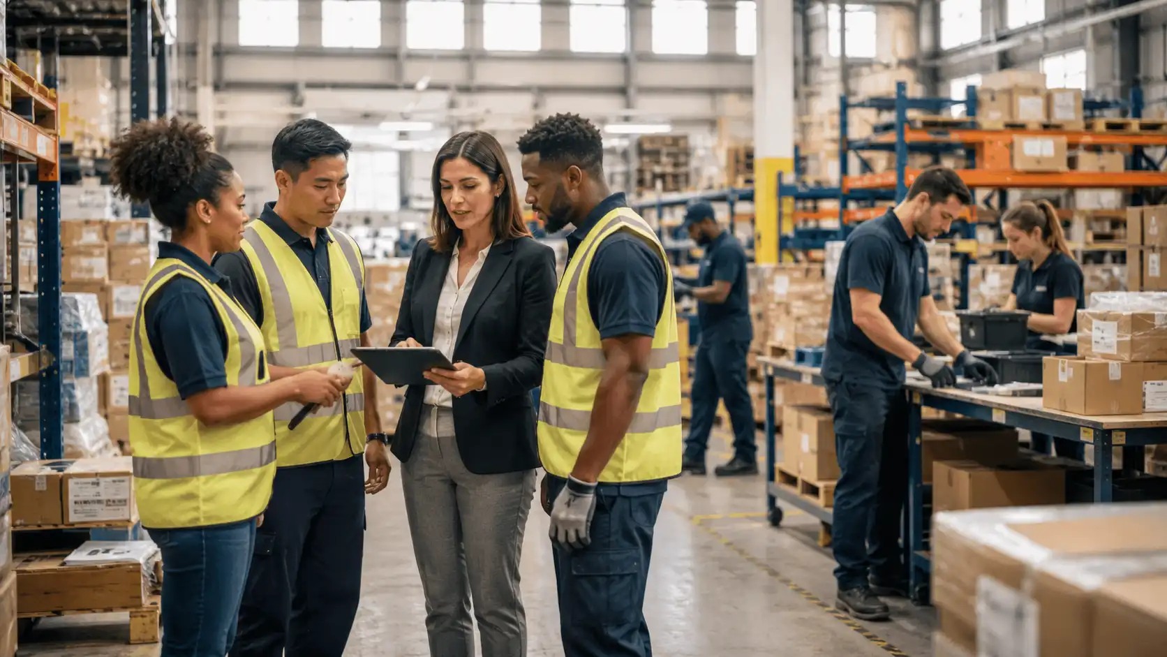 collaborative team meeting in warehouse setting
