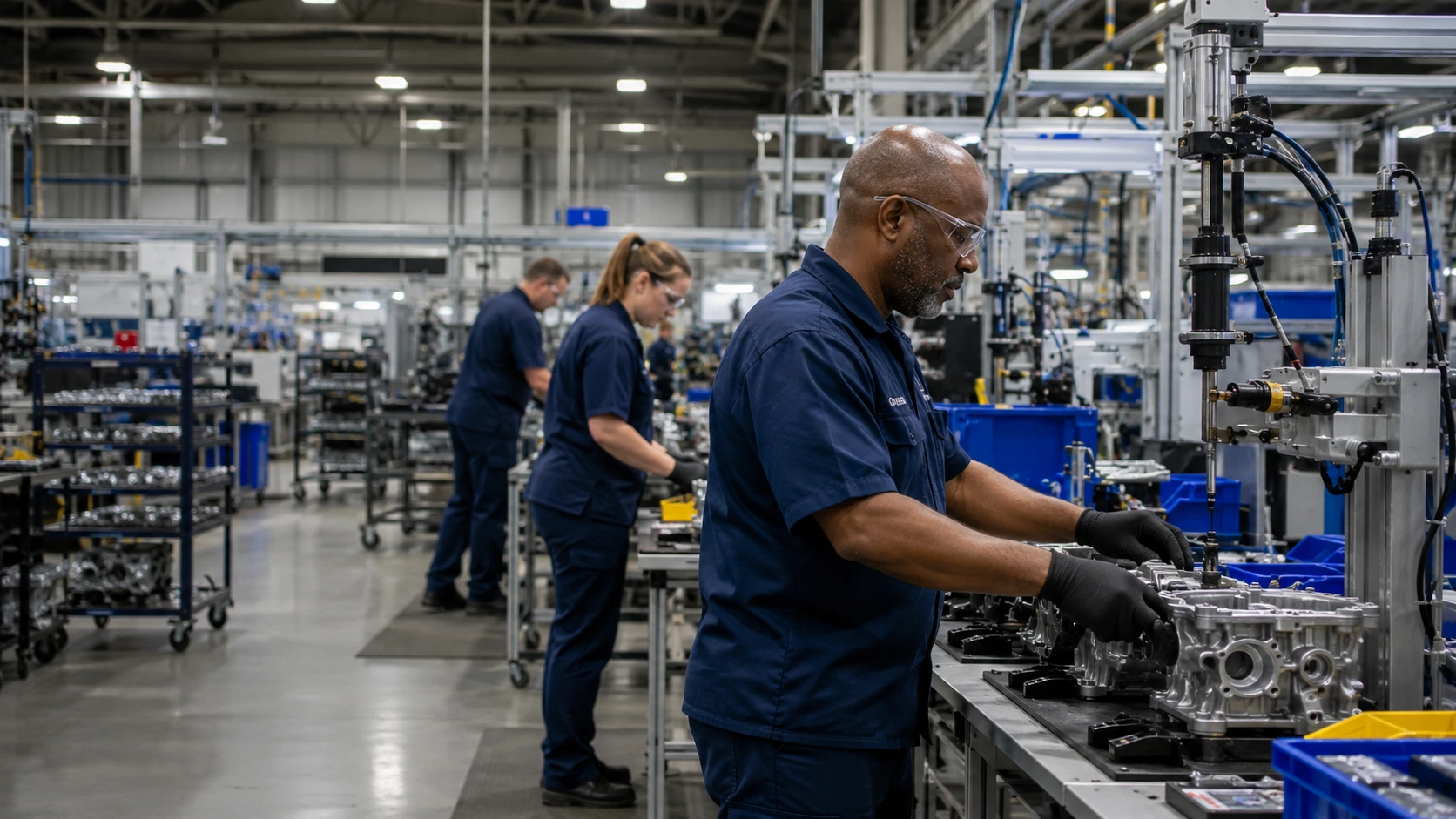 Manufacturing assembly workers at production line