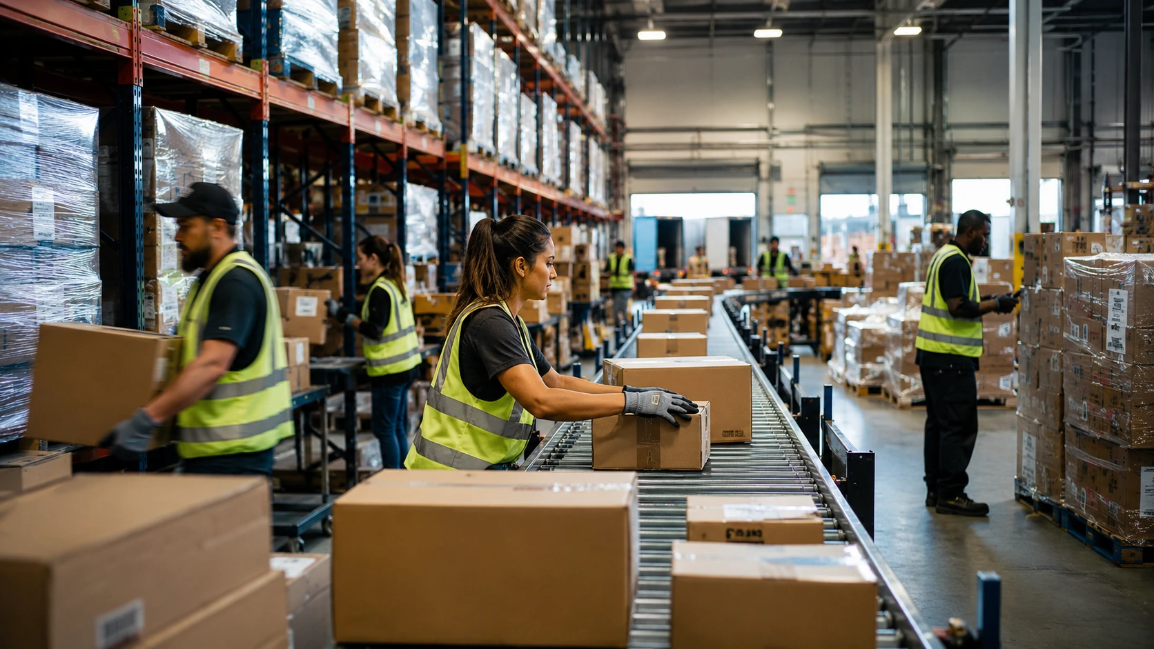 Large warehouse operation with forklifts during peak season