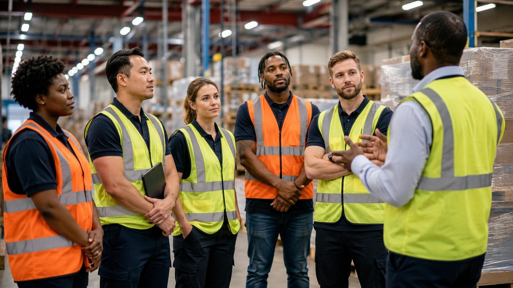 Warehouse supervisor briefing a diverse team of workers