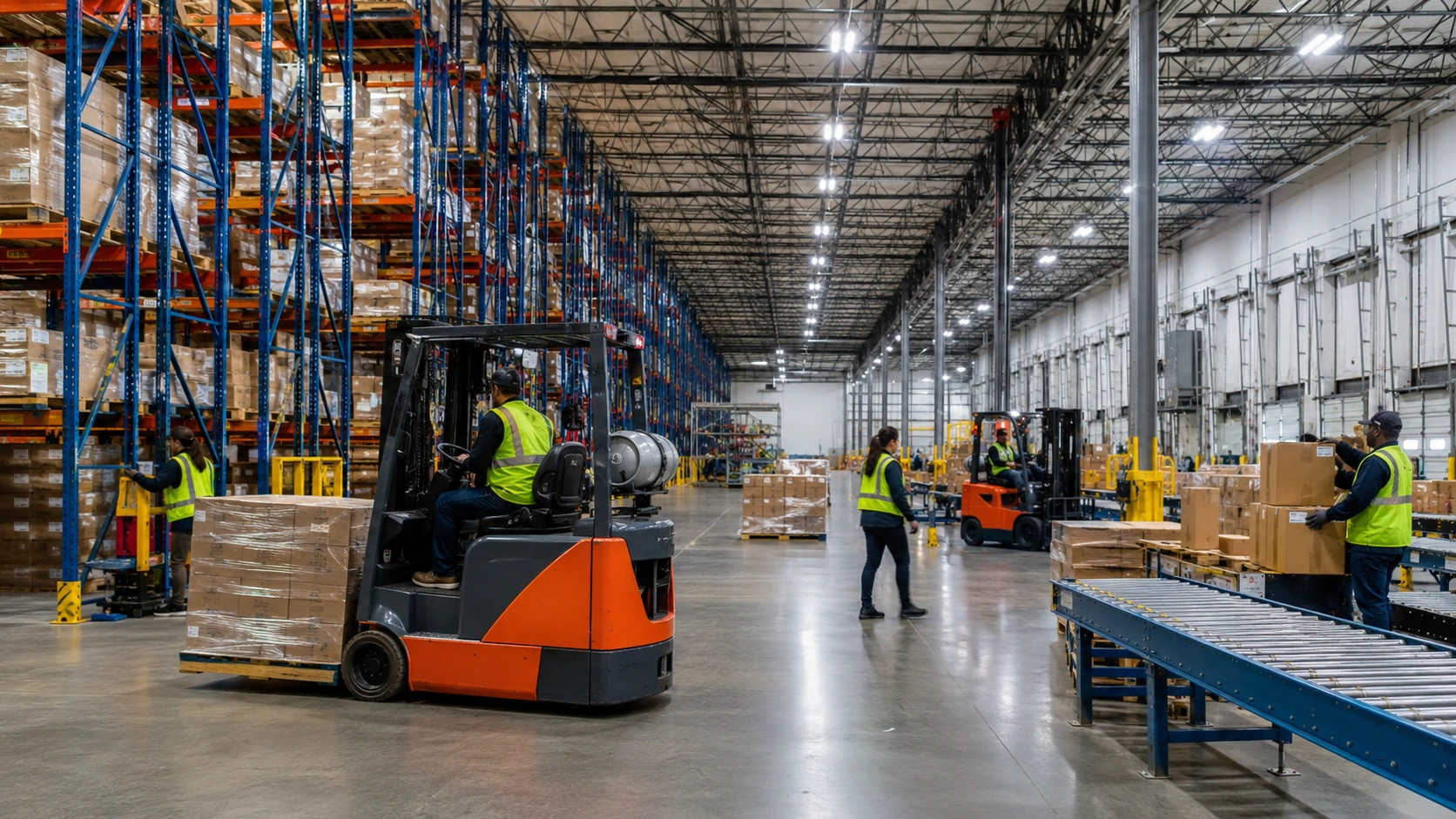 Warehouse workers in hi-vis vests at fulfillment conveyor