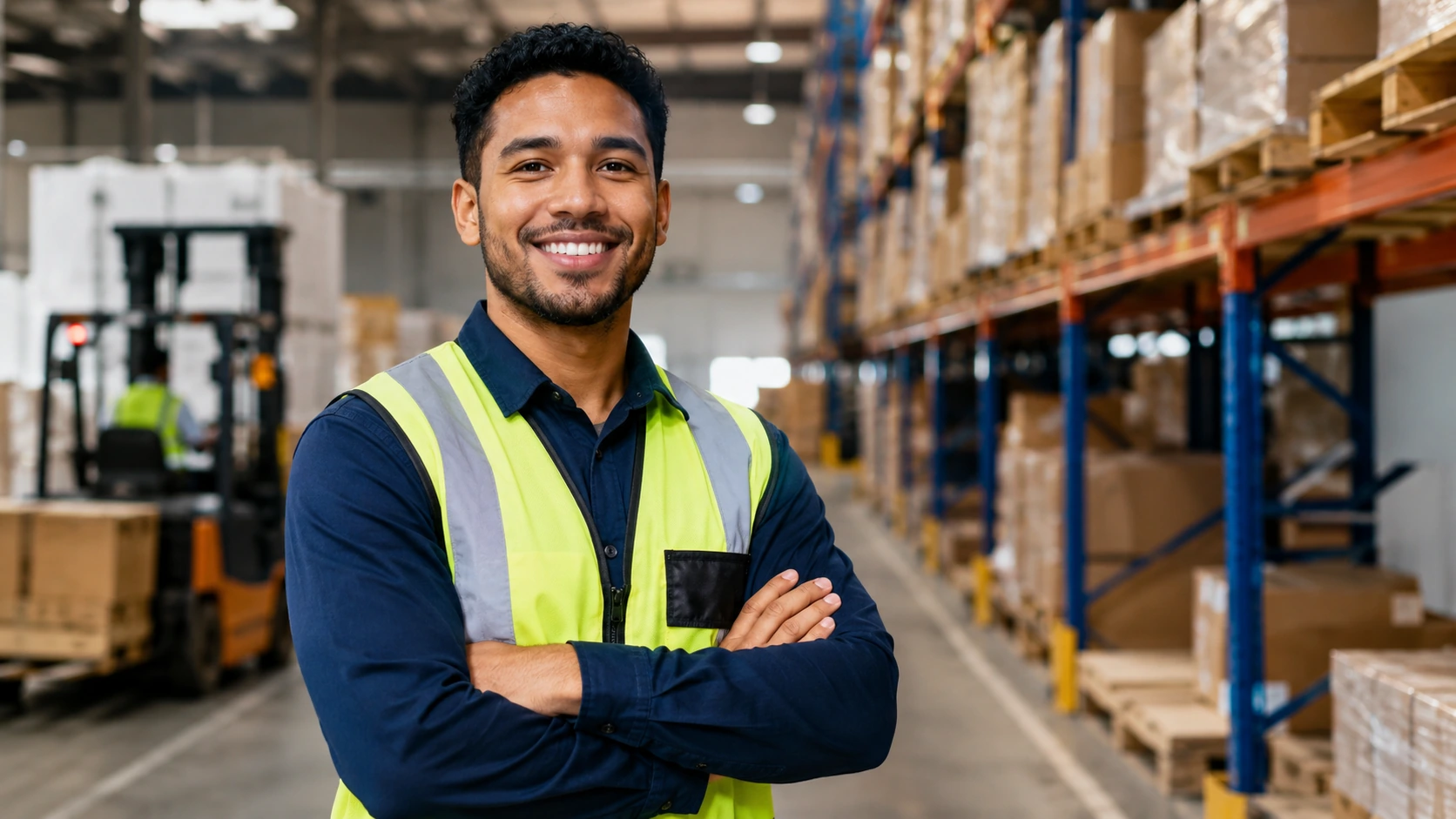 Confident warehouse worker in hi-vis vest with arms crossed